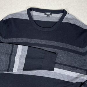 Uniqlo Wool Sweater Mens Large Black Gray Striped Crewneck Long Sleeve Pullover